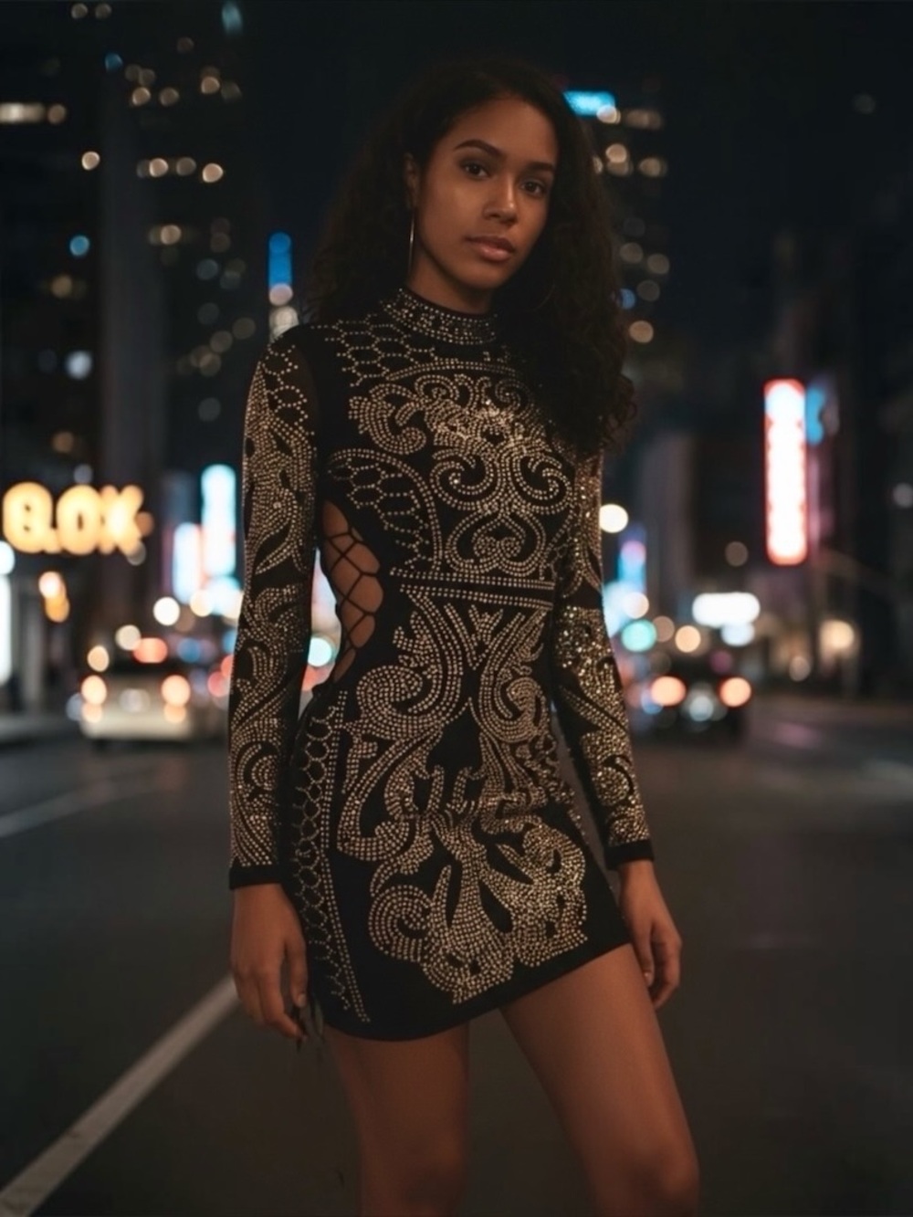 Fashion Nova Black & Gold Embellished Mini Dress